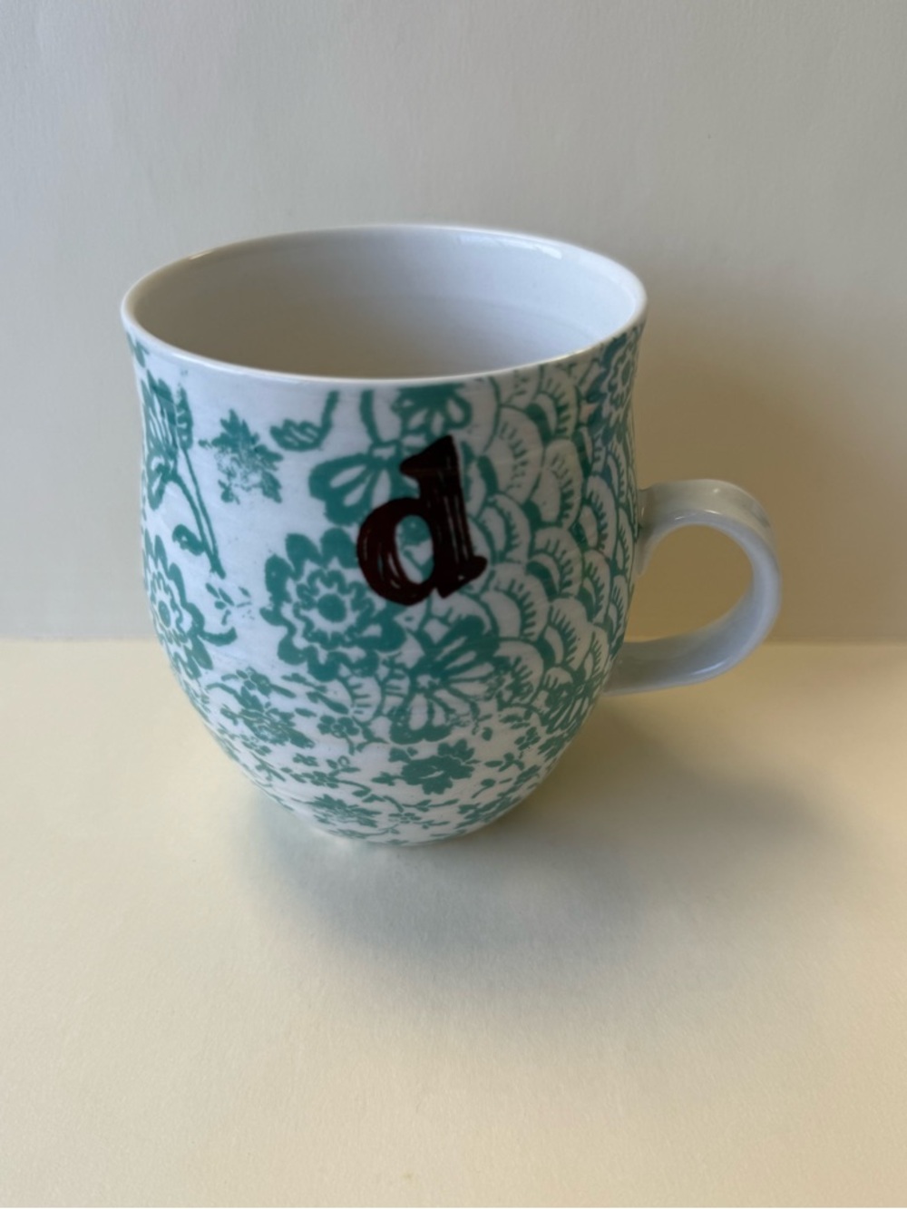 Anthropologie Homegrown Blue Teal Floral Initial "d" Coffee/Tea Cup/Mug.